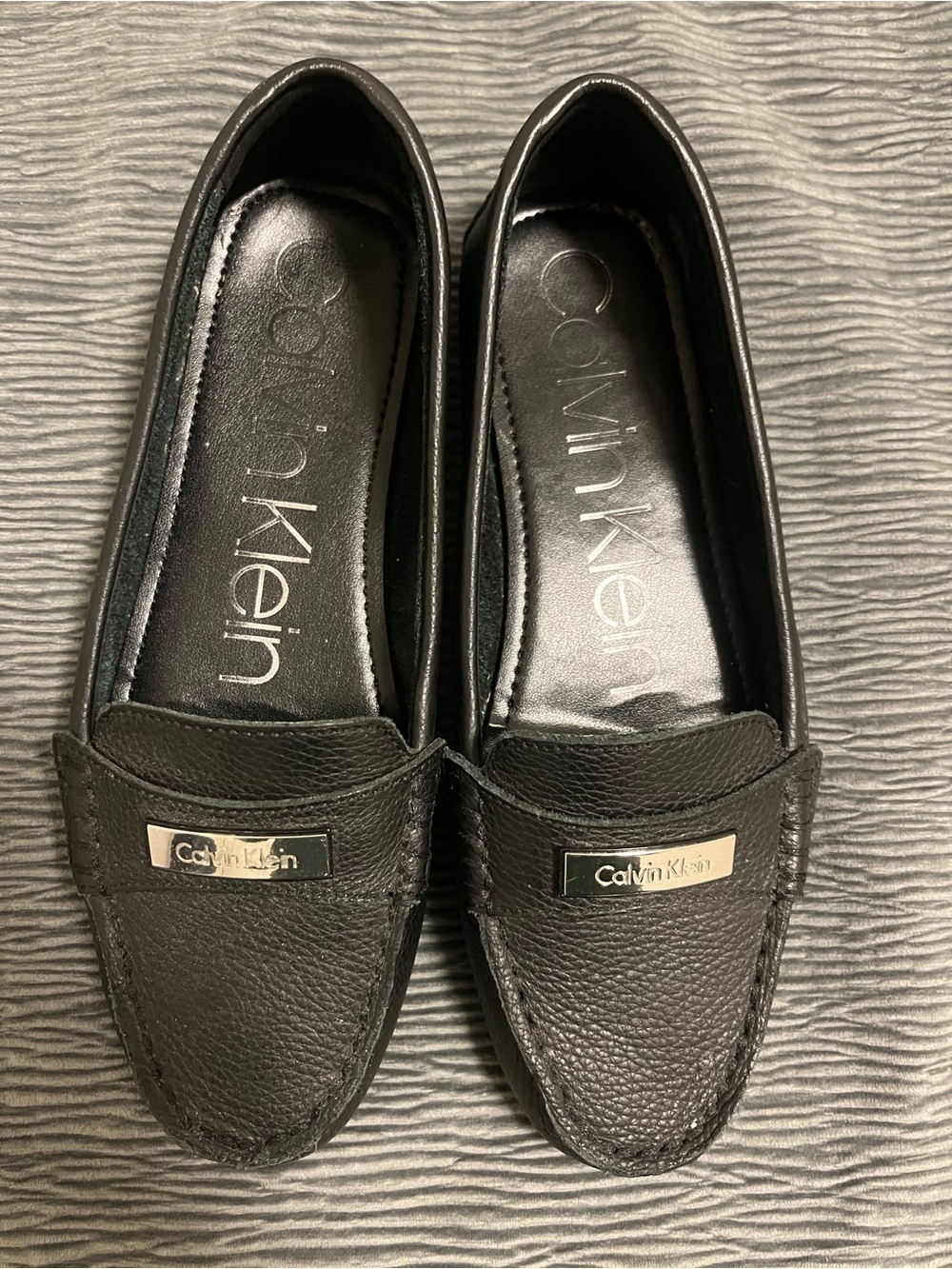 Calvin Klein Black Leather Slip-On Loafers with Logo Plaque